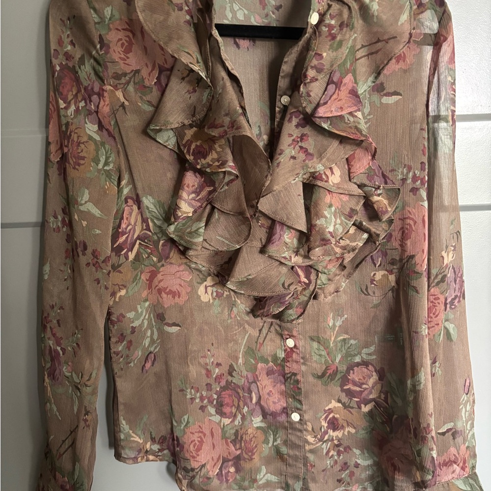 Nwt ralph lauren lauren Elegant Floral Ruffle Blouse - Brown and Pink